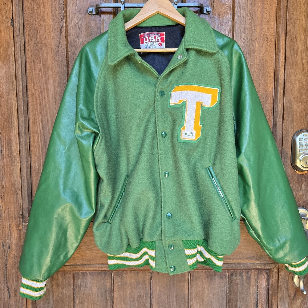 Vintage Green Varsity Jacket with Yellow Lettering